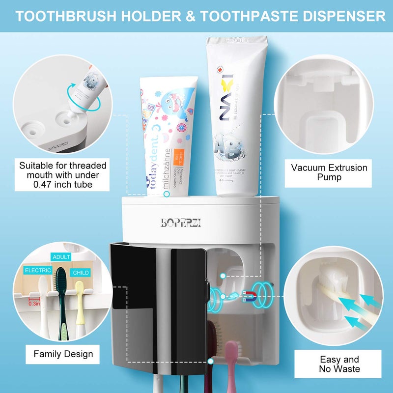 Boperzi Dustproof Cover Toothbrush Holder Wall Mounted Automatic Dispenser for Shower Bathroom Set with 2 Toothpaste Squeezers(No Electric, No Light) - Image 3